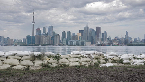 Sandbags on Toronto island from summer flooding of Lake Ontario. 4K stock video.