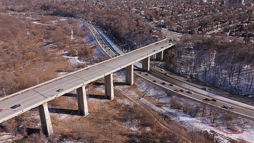 Leaside Bridge and Don Valley Parkway. Static drone aerial. 4K