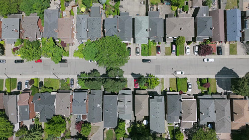 Drone aerial top down. Stock video footage of Toronto suburb. Summer in East York. 4K.