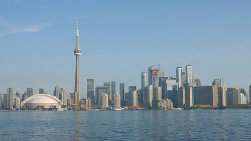 Toronto skyline on warm hazy summer morning. Toronto, Ontario, Canada. 4K stock video.