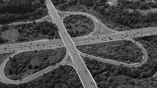 Rotating black and white aerial of Lawrence Avenue and Don Valley Parkway stock video footage. Toronto. 4K.