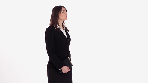 Lost female executive looking for something. White background. HD.