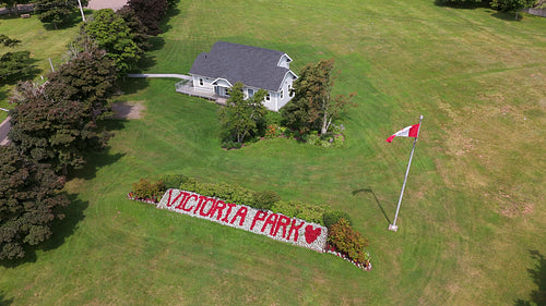 Drone aerial view of Victoria Park flower bed. Charlottetown, PEI, Canada. 4K.