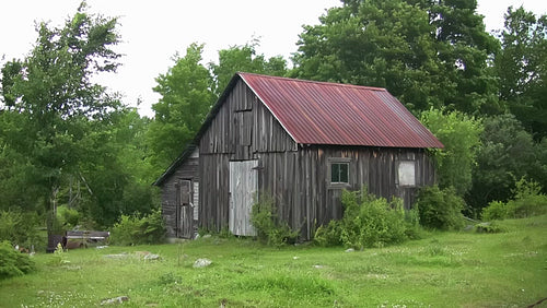 Wooden shed with tin roof in rural Ontario. Wide. HD.