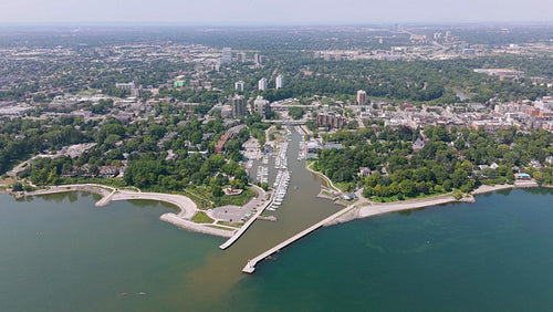 Drone aerial. Stock video footage of Oakville harbour, downtown and 16 mile creek. Summer. 4K.