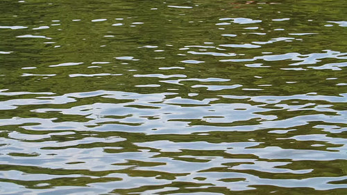 Slow motion shot of lake surface with green and blue reflections in water. HD.