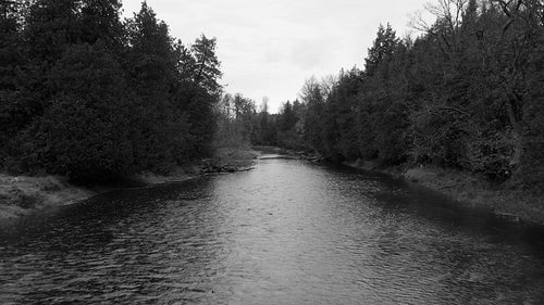 Drone flight along winter river in Ontario, Canada. Black and white. 4K.