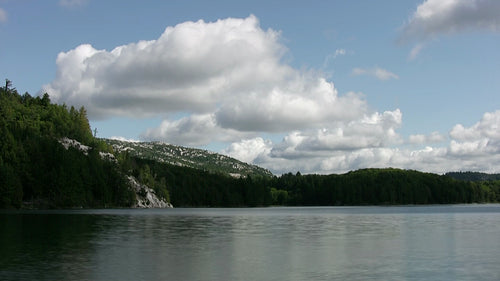 Clouds moving over Norway lake. Time lapse shot. HDV footage. HD.