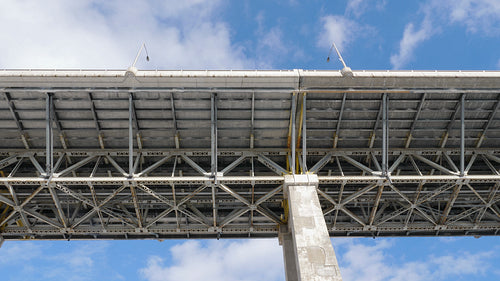 Leaside Bridge with blue sky and clouds. Low angle view. Winter in East York, Toronto, Ontario, Canada. 4K.