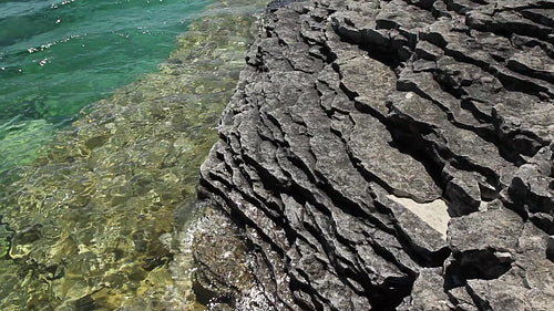 Flowerpot island shoreline and rock formations. Georgian Bay, Tobermory, Ontario, Canada. HD.